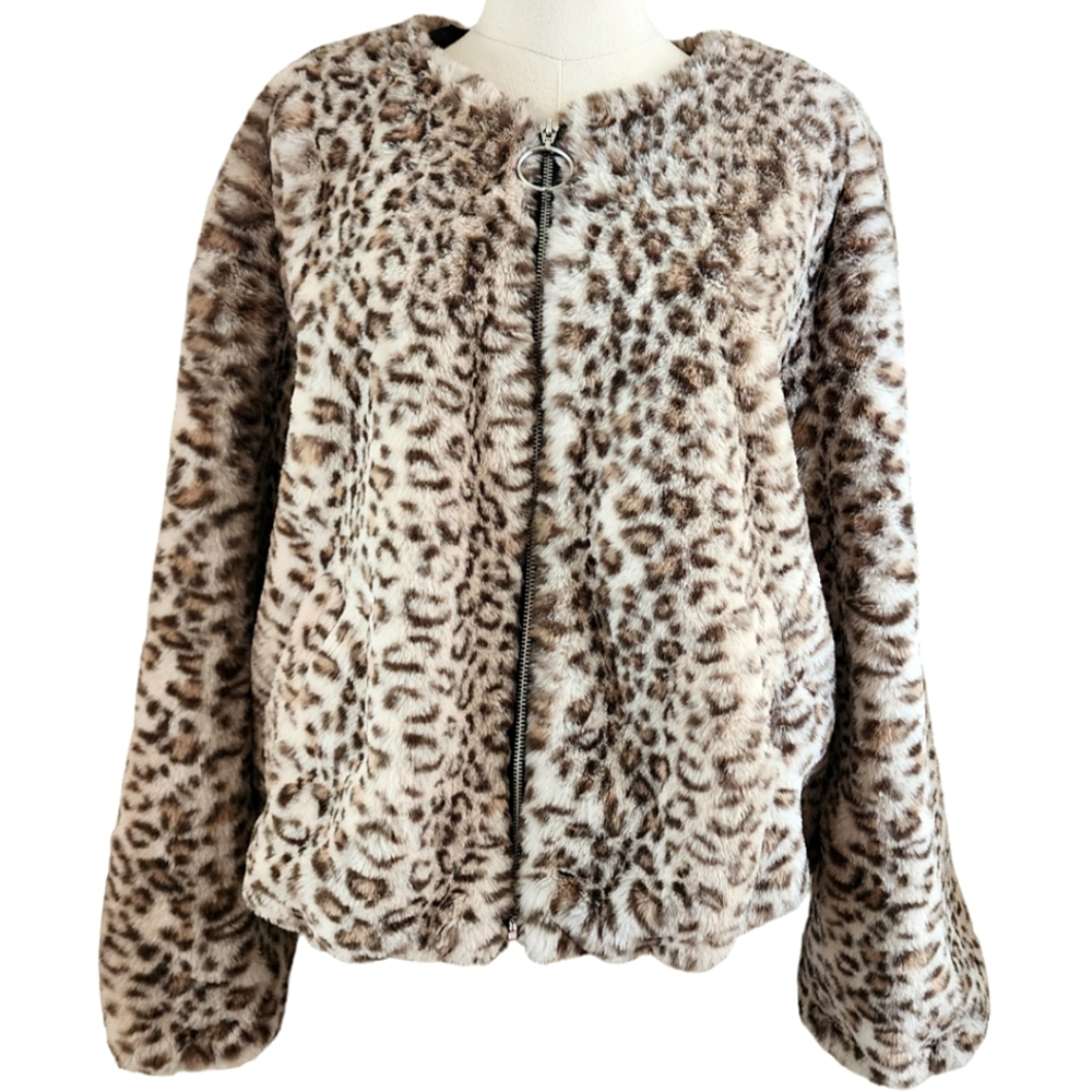 Sebby Collection Faux fur leopard animal print coat jacket. Size L. Nwot - Picture 1 of 13